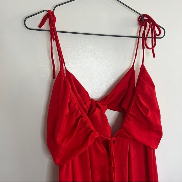 Lulu's Confidence Check Red Satin Cutout Tie Back Maxi Strappy Maxi Dress - Picture 3 of 11